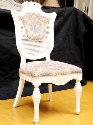 White Antique Wooden Throne Chair Embroidery Pads Dining Chair Upholstery Fabric